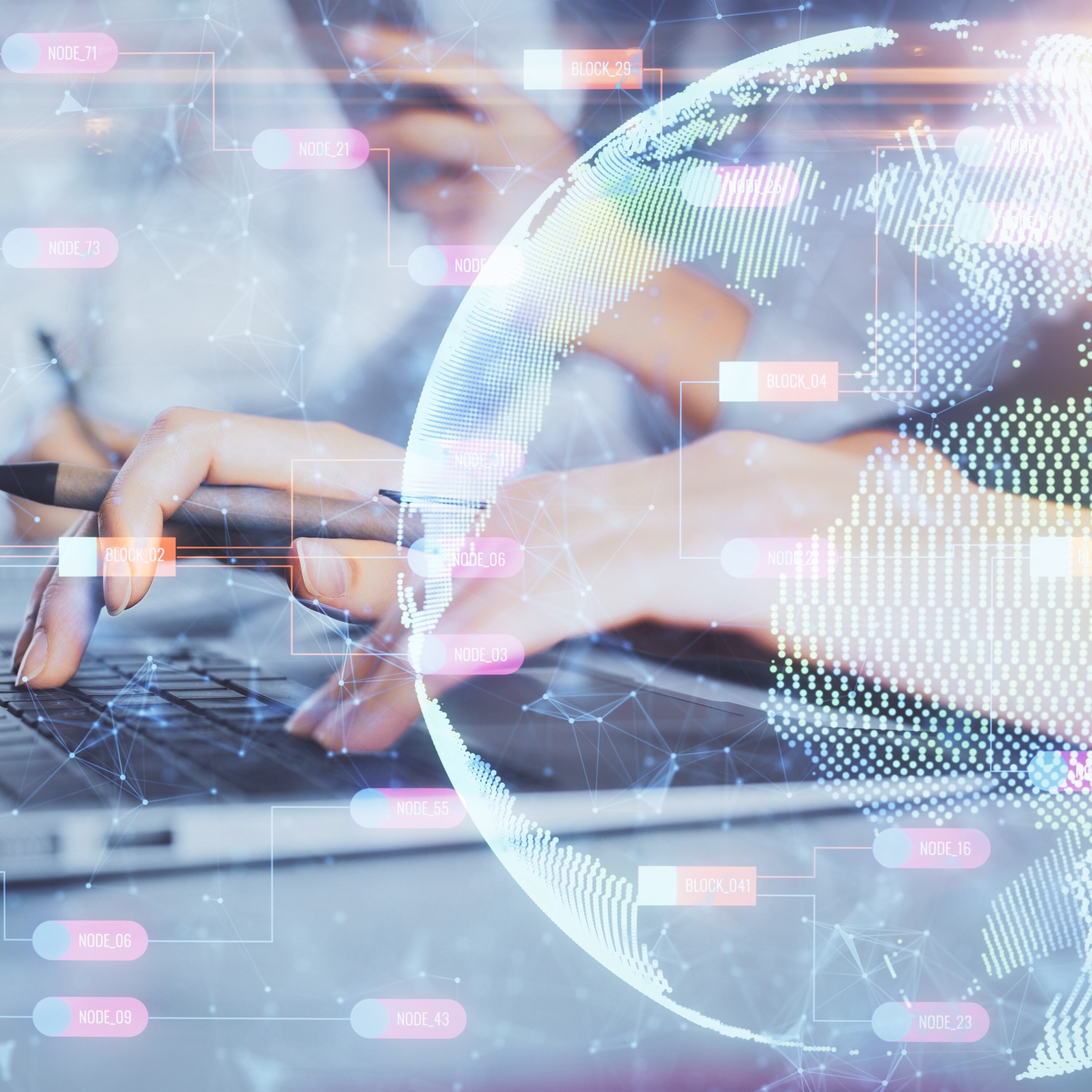 A person working on their laptop with a graphic of the globe overlaid on the image. 