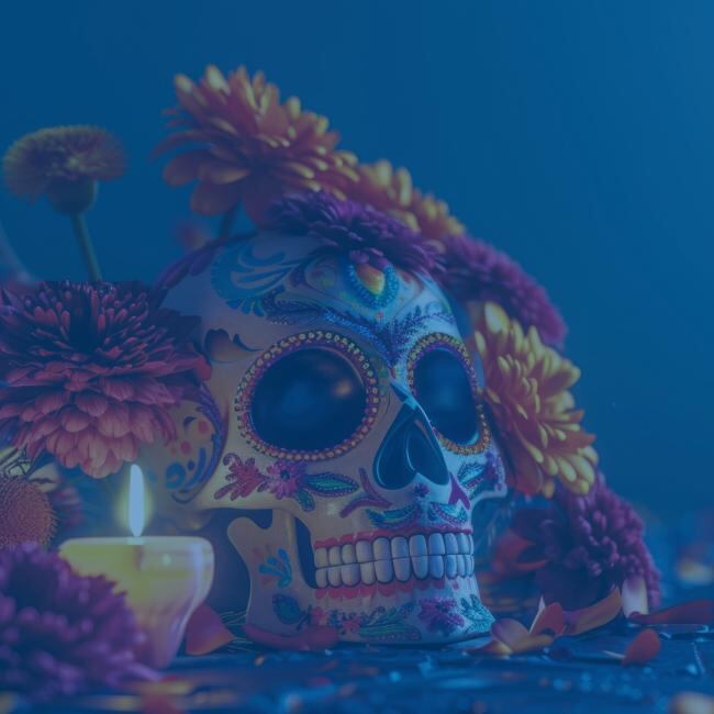 Colorfully painted skull with bight flowers and candles. 