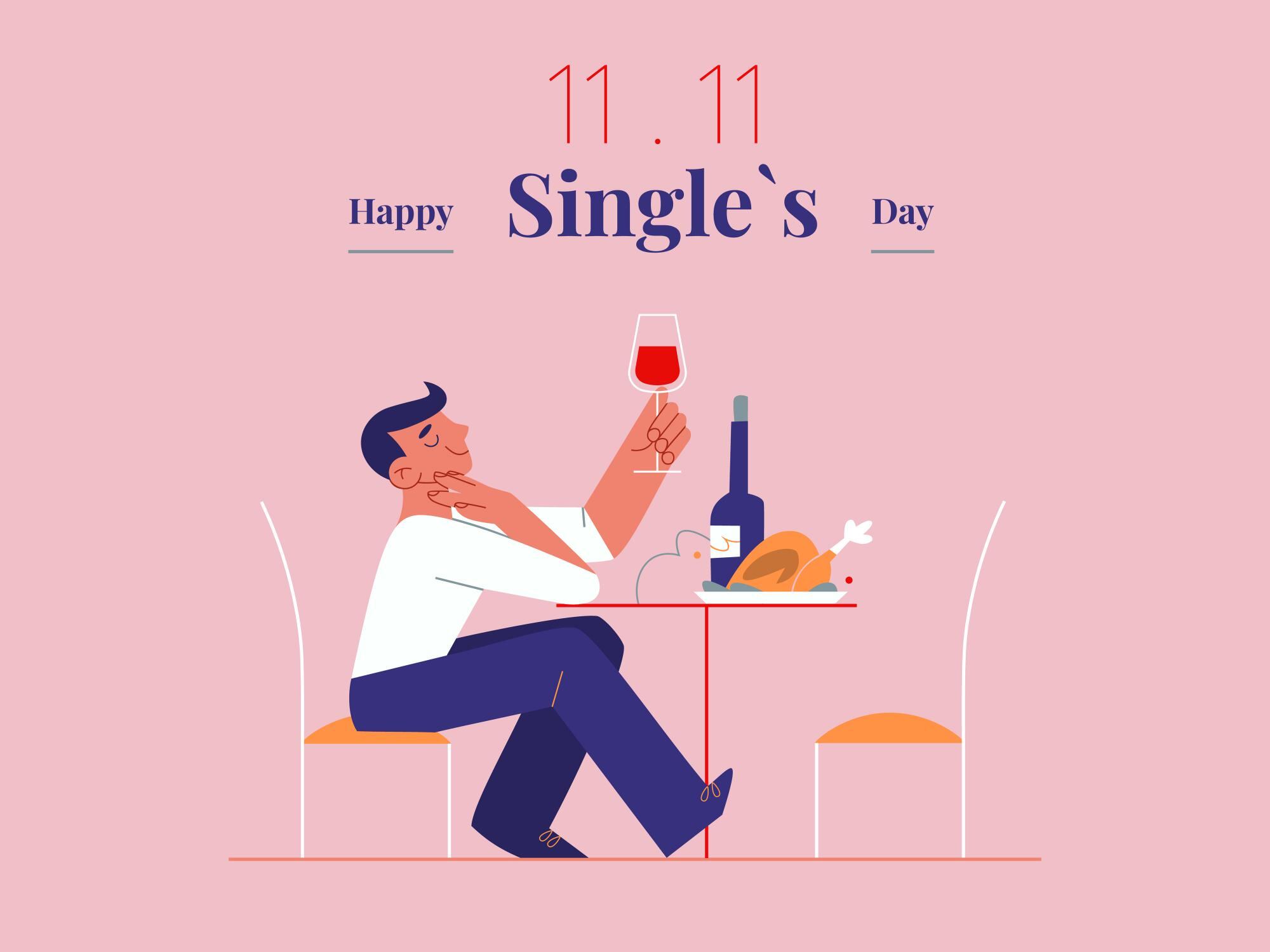 Illustration of a man sitting at a table happily having dinner and wine by himself. 