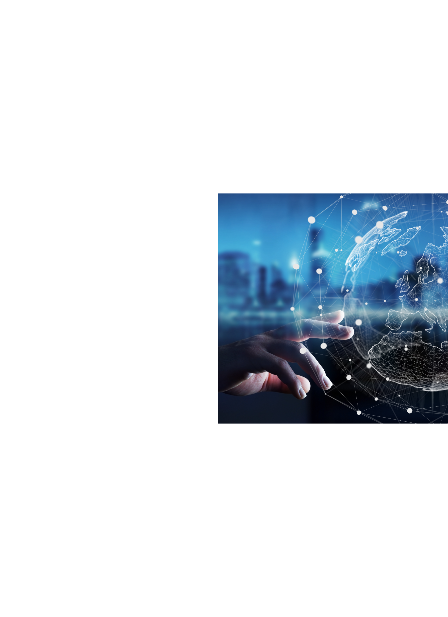 A hand reaching out to a graphic of the globe, all overlaid on a photo of a blurred cityscape.