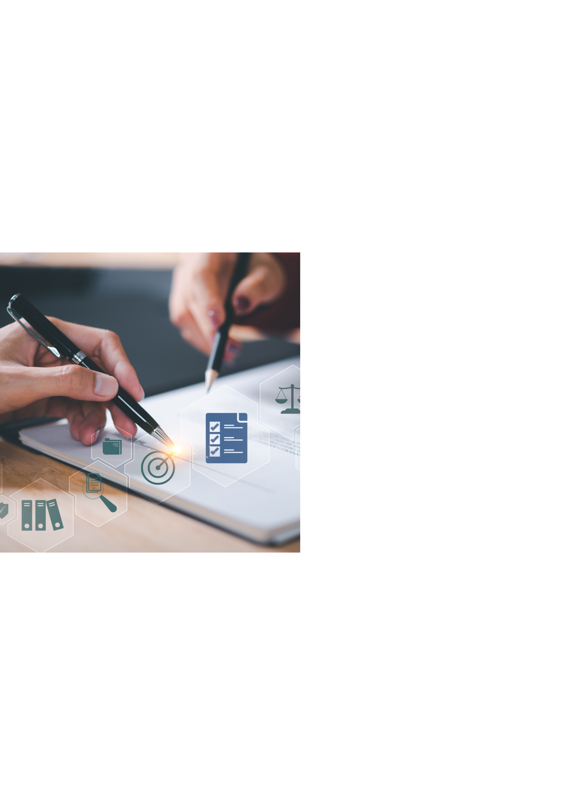 Two hands write on a notebook with icons overlaid on the image