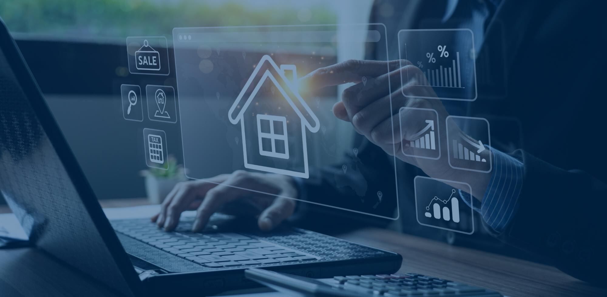 a real estate agent working on a laptop. photo has an overlay of house and analytics icons